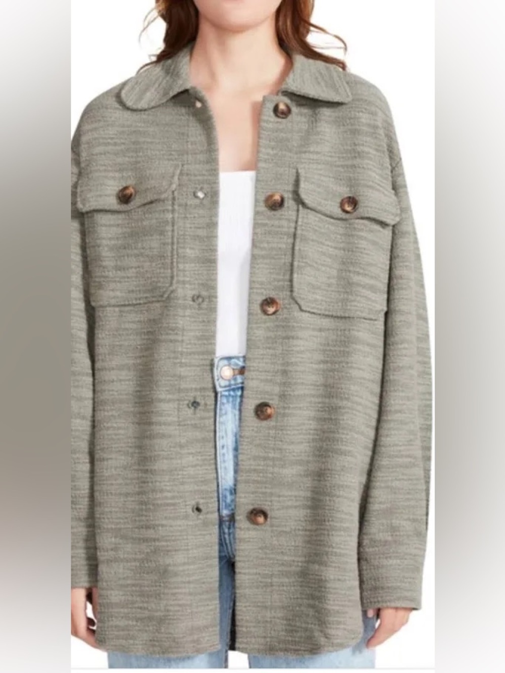 BB Dakota by Steve Madden Textured Knit Shacket in Olive Green